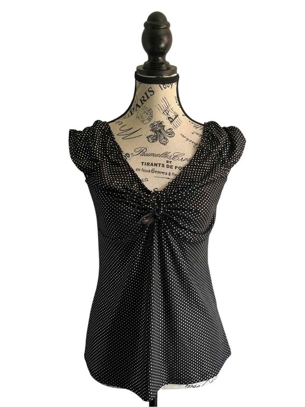 🇨🇦 Deadstock Y2K Black Silver Polka Dot Ruched Puff Sleeve Babydoll Top